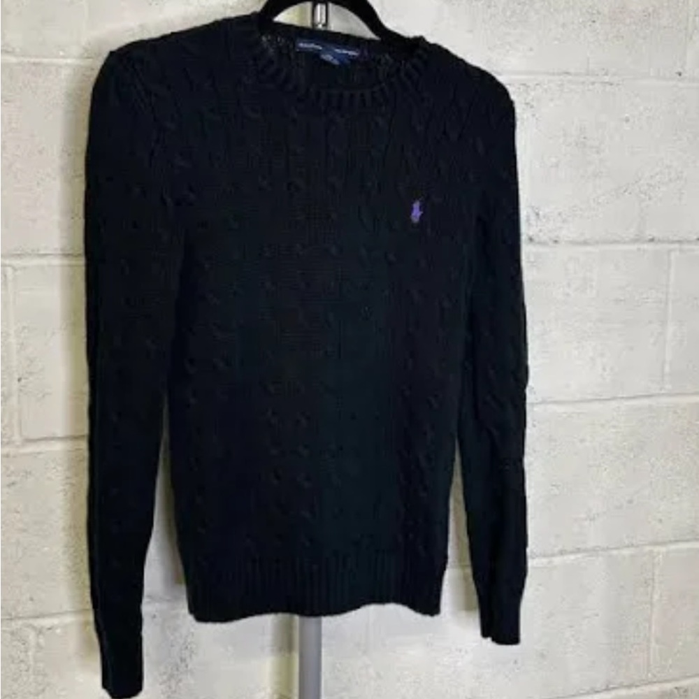 Ralph Lauren Women's Black Cable Knit Crewneck Sweater with Purple Pony